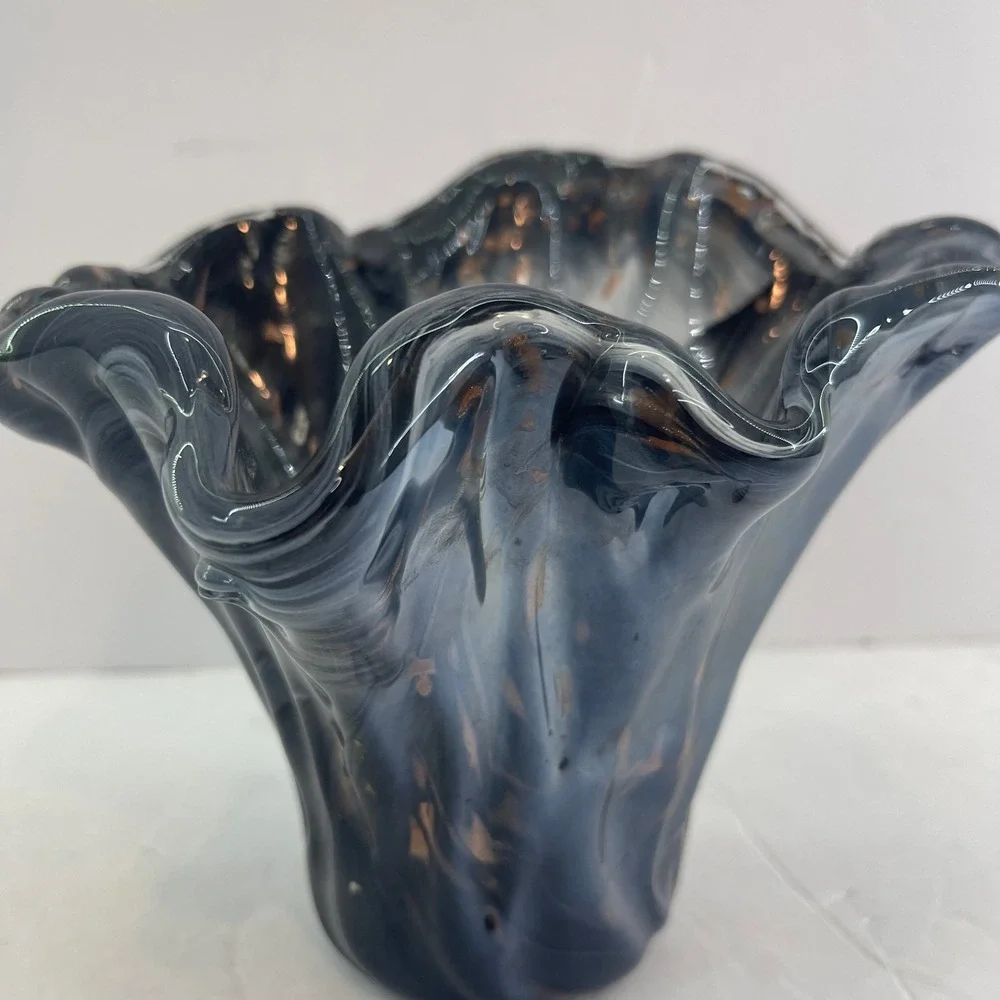Vintage‎ Murano Style Handkerchief Art Glass Vase Blue Gray Copper Fleck Ruffle
